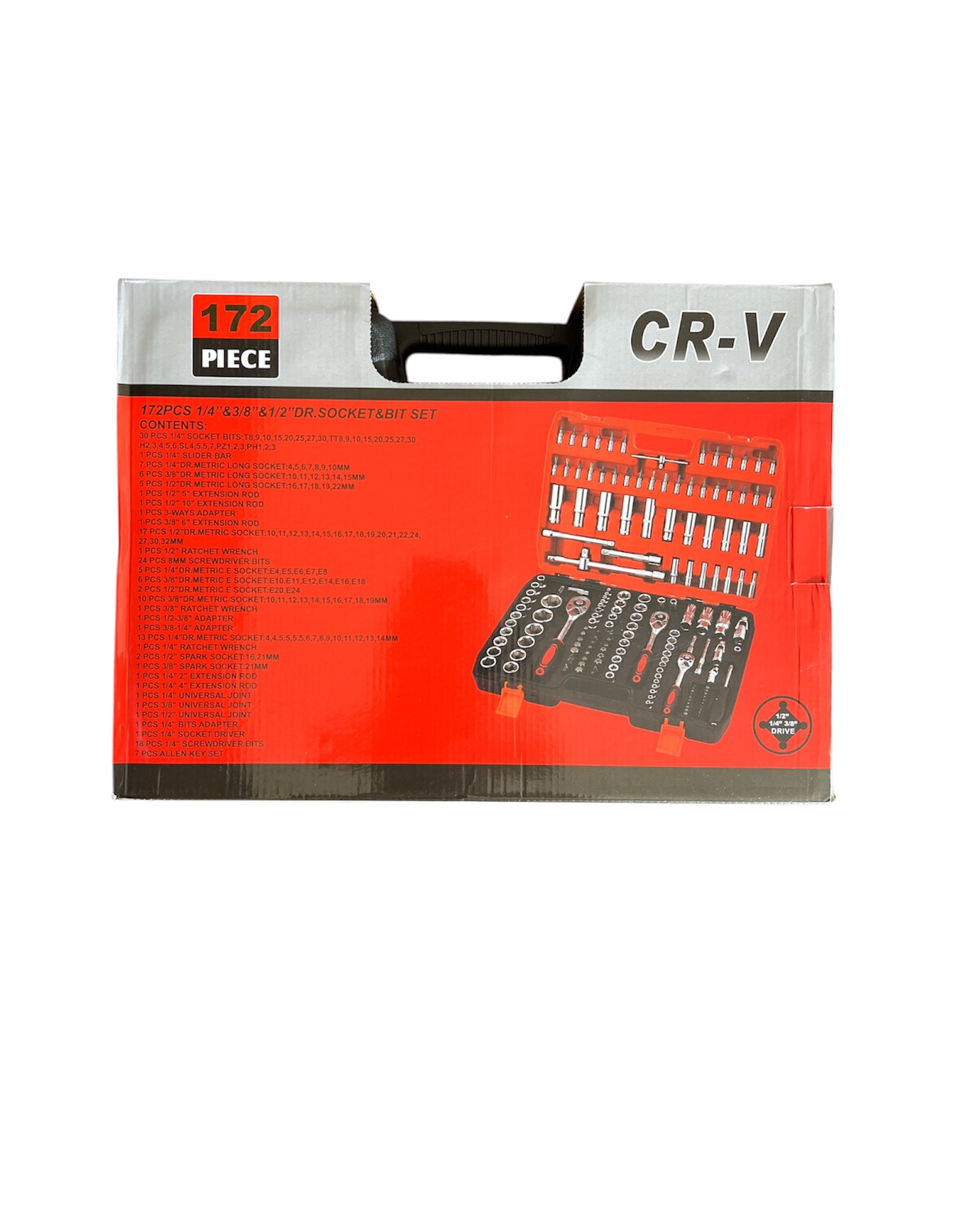 172-Piece CR-V Professional 1/4" 3/8" 1/2" Drive Socket & Bit Tool Set – Full Mechanics Kit