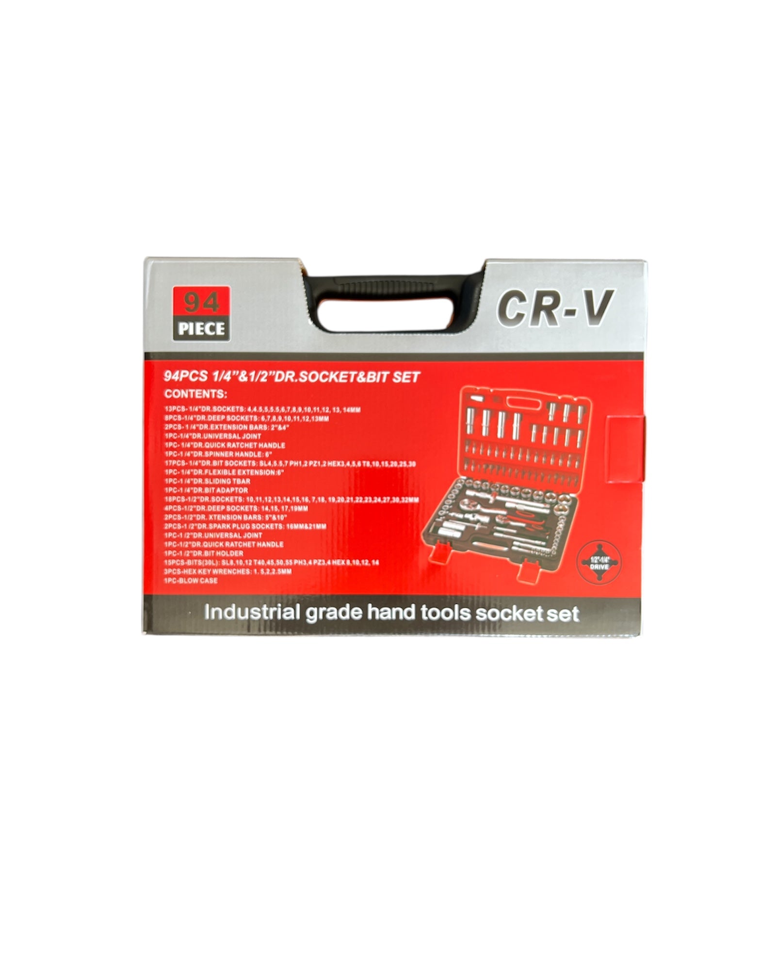 94-Piece Chrome Vanadium Socket & Bit Set – 1/4" & 1/2" Drive