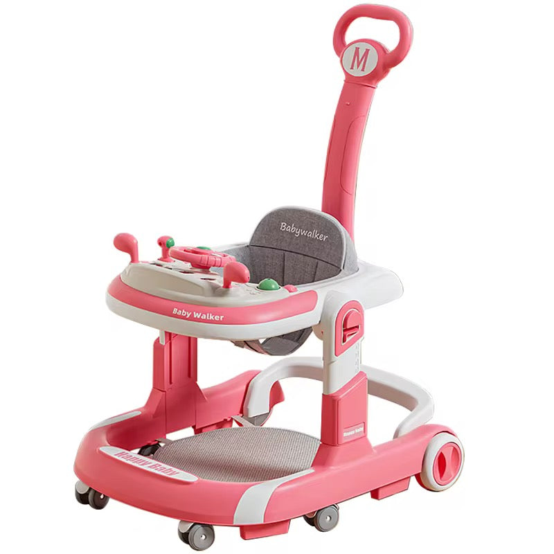 4-in-1 Folding Baby Walker with Music – Pink Learning Walker Stroller for 0–3 Years