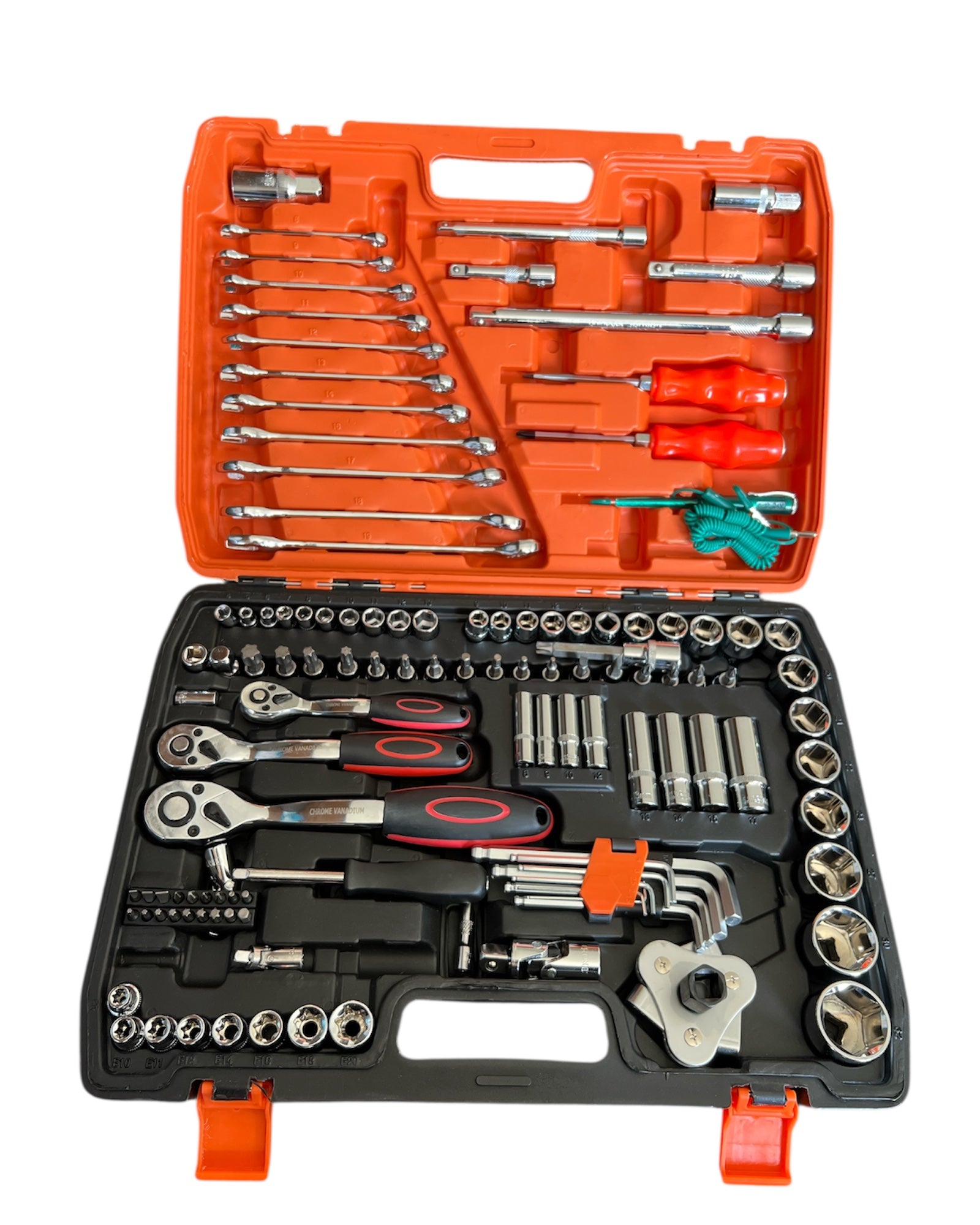 121-Piece CR-V 1/4" 3/8" 1/2" Drive Socket & Bit Set – Includes Oil Filter Wrench & Auto Tester