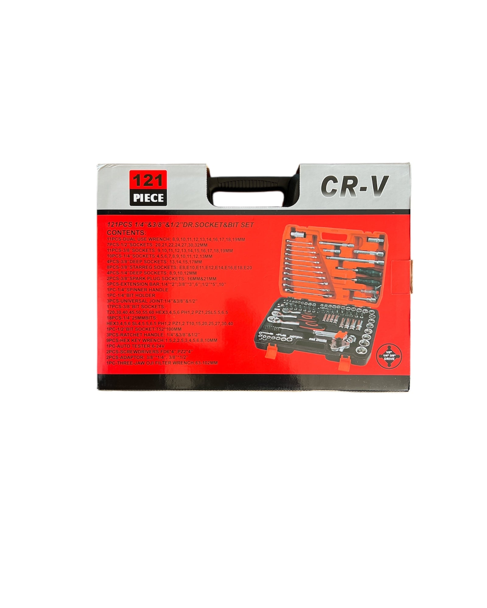 121-Piece CR-V 1/4" 3/8" 1/2" Drive Socket & Bit Set – Includes Oil Filter Wrench & Auto Tester