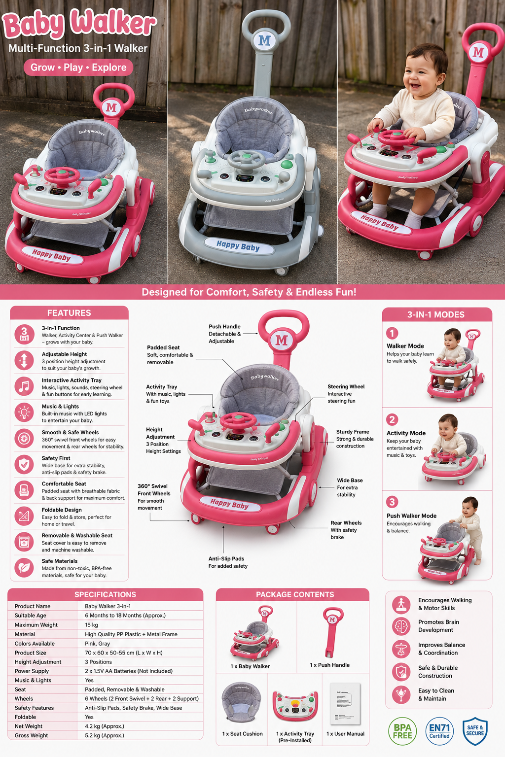 4-in-1 Folding Baby Walker with Music – Pink Learning Walker Stroller for 0–3 Years