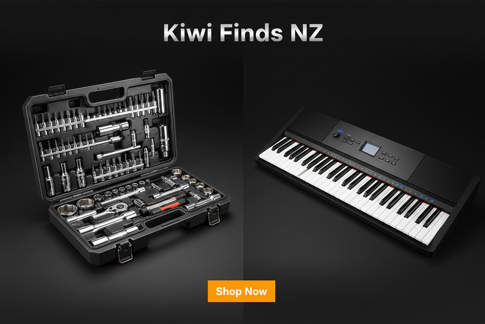 Design a homepage banner for Kiwi Finds Nz featuring the following 2 products:

172-Piece CR-V Professional 1/4" 3/8" 1/2" Drive Socket & Bit Tool Set

Electric keyboard

Use a dark black or charcoal background with elegant lighting and subtle reflections for a premium, modern look.

Display the 2 products prominently with clear separation, highlighting their key features and quality.

Include the brand name “Kiwi Finds Nz” in a bold, modern white or silver font.

Add a call-to-action button:
“Shop Now” in 