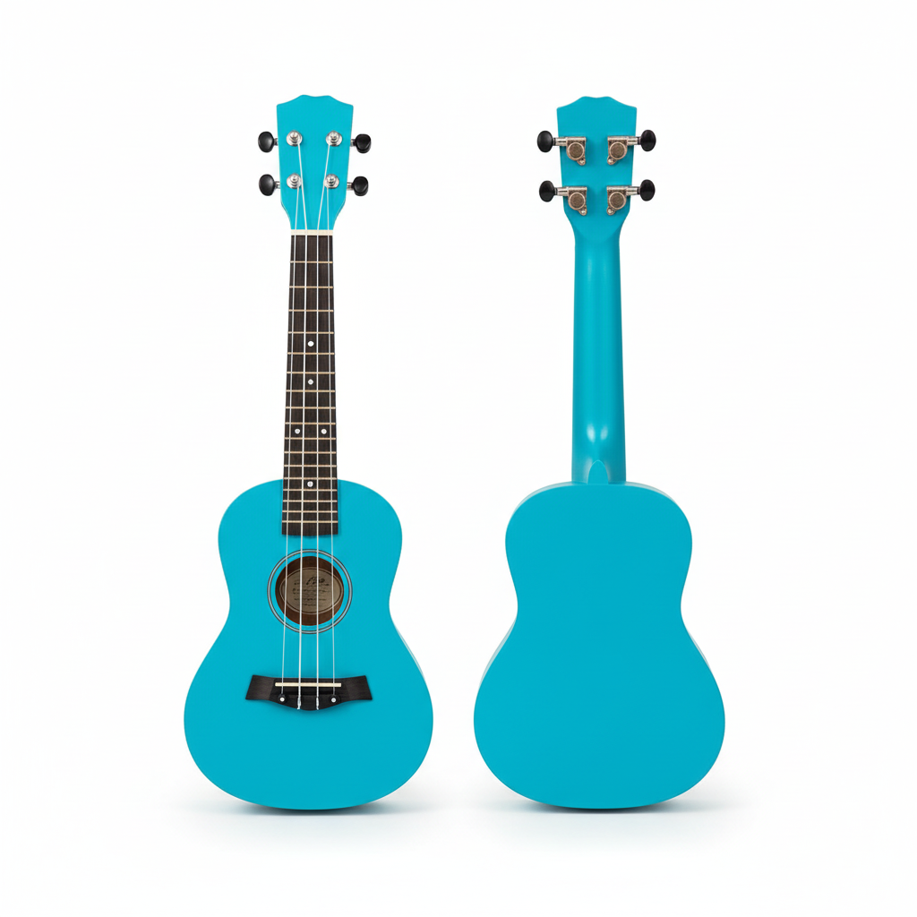 Blue ukulele shown from the front and back