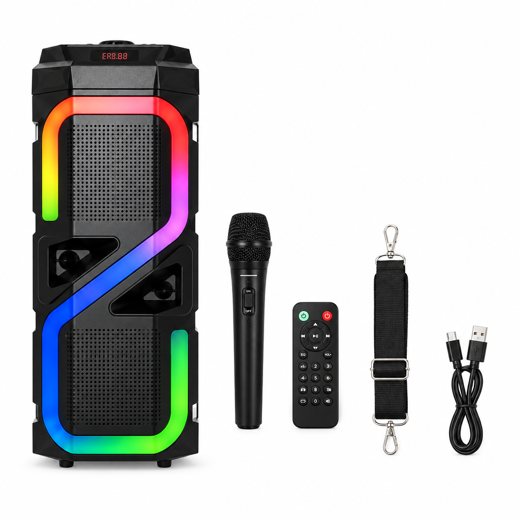 Bluetooth LED speaker kit with microphone, remote, shoulder strap and USB cable