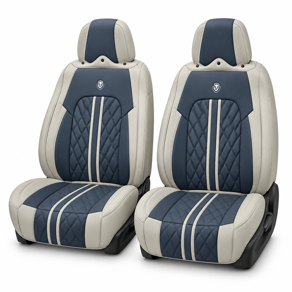 Cream and slate blue car seat covers on two front seats against white background