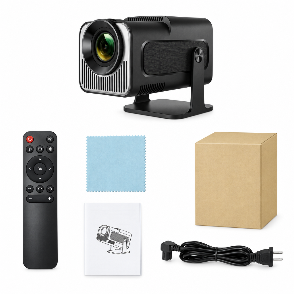 Mini projector kit with remote, cloth, guide, cable and box on white background