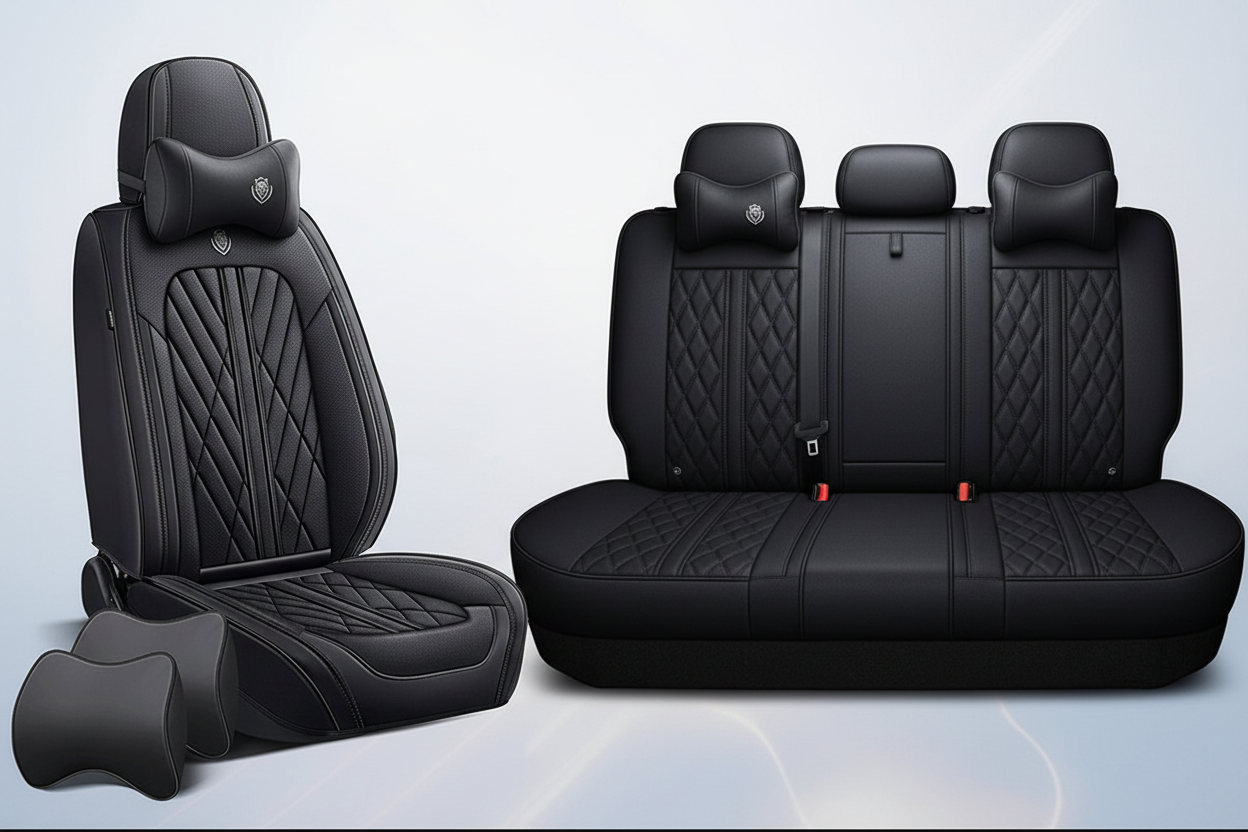 Full Black Car Seat Cover - Front and Rear Split View