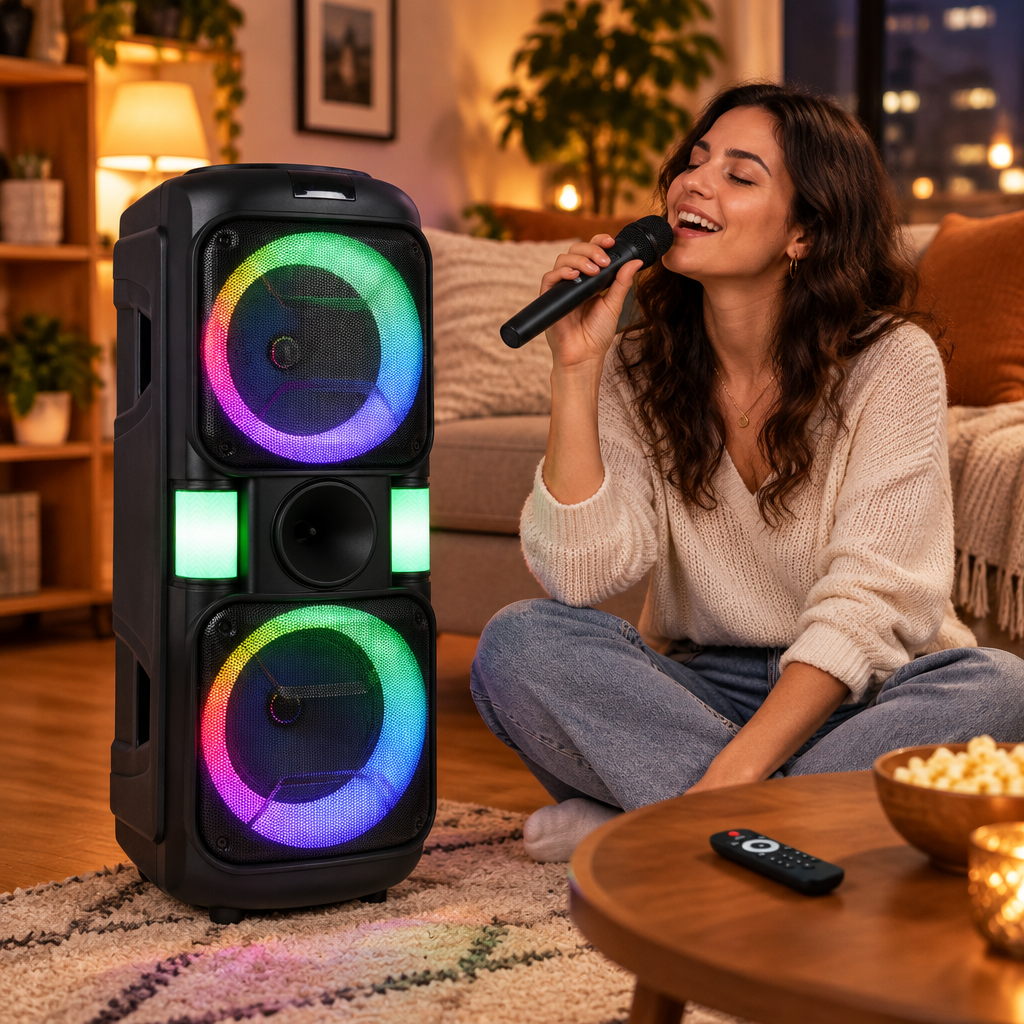 Adult singing with dual RGB karaoke speaker in living room