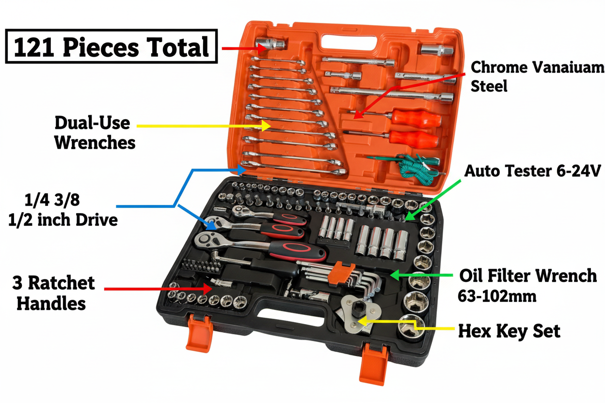 121-Piece CR-V Tool Set - Features Infographic