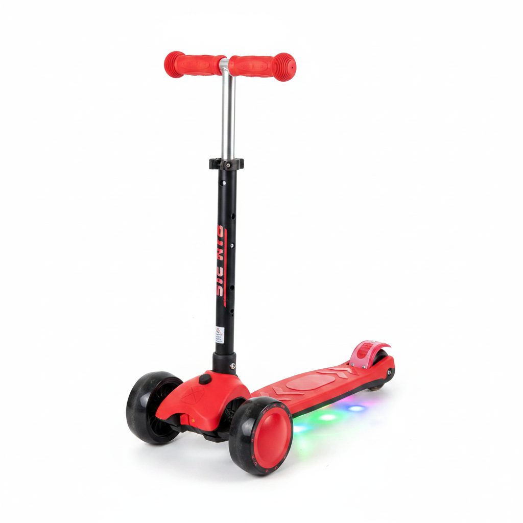 Red 3-wheel kids scooter with LED lights on white background