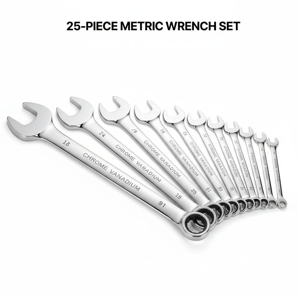 25-piece metric silver wrench set arranged in a clean diagonal layout on a white background