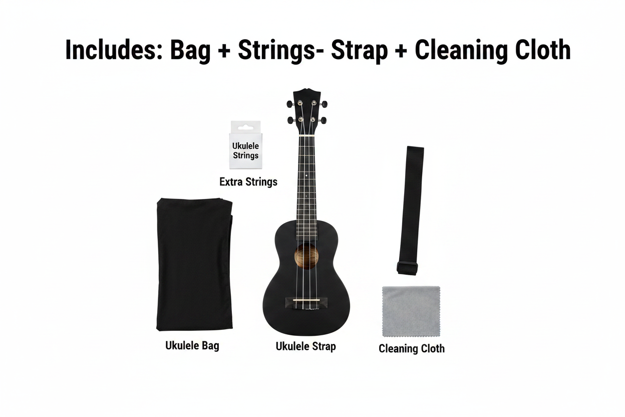 Ukulele Black - Simple Bag Strings Strap Cleaning Cloth
