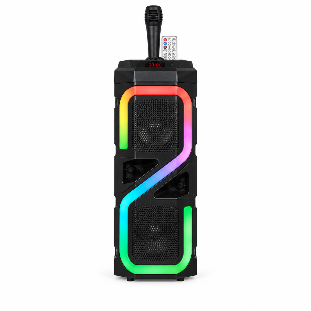 Black LED speaker with Z-shaped rainbow light and microphone on white background