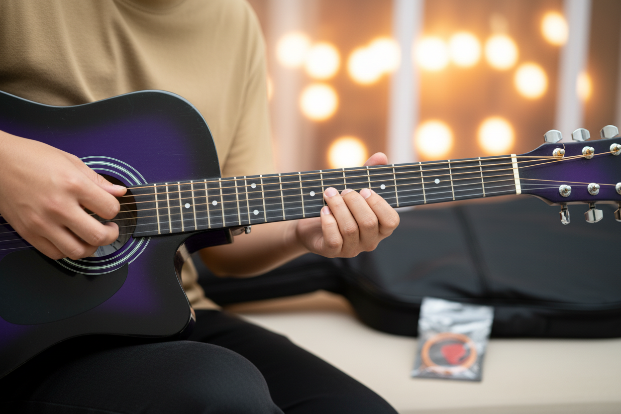 Close-up Hands Strumming Purple Guitar