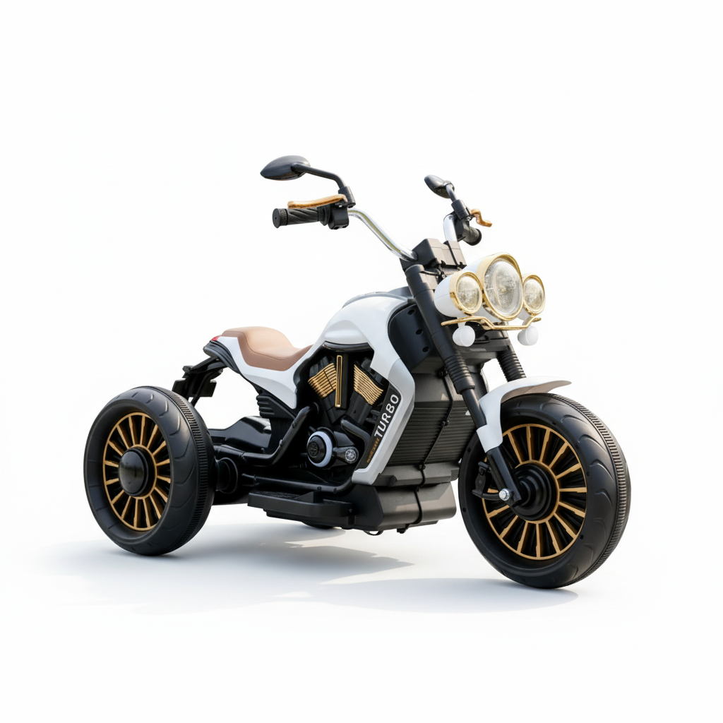White and black kids ride-on tricycle on a white studio background