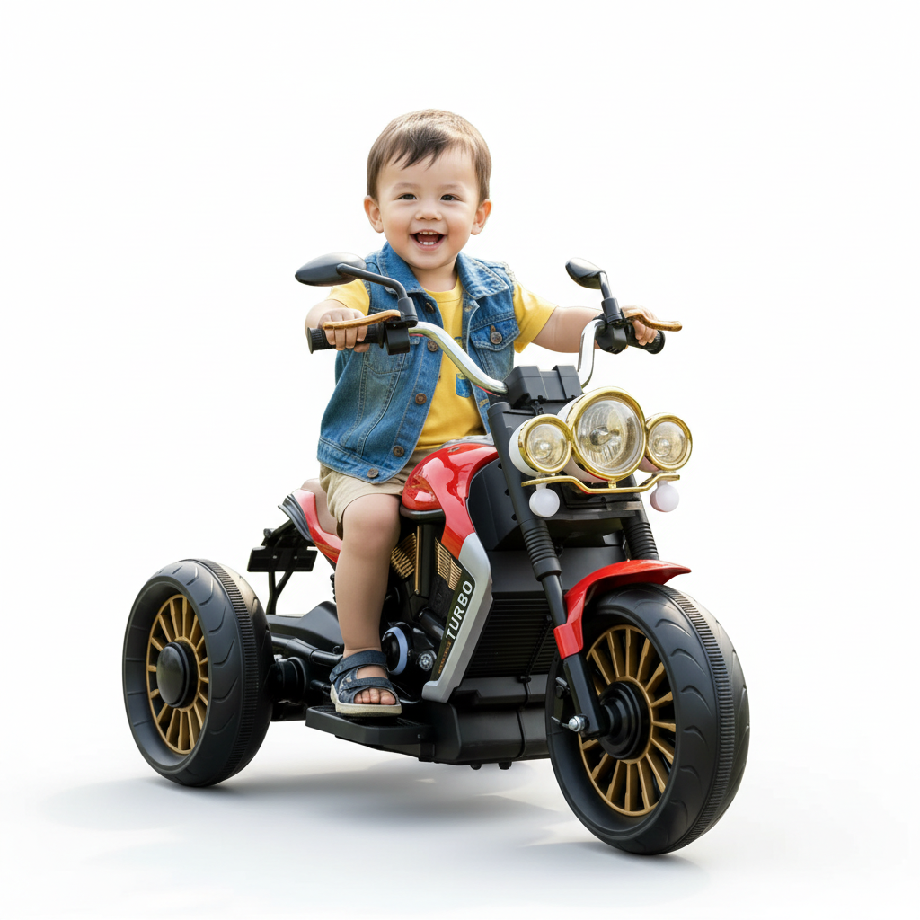 Child safely seated on a white and black kids ride-on tricycle on a white studio background