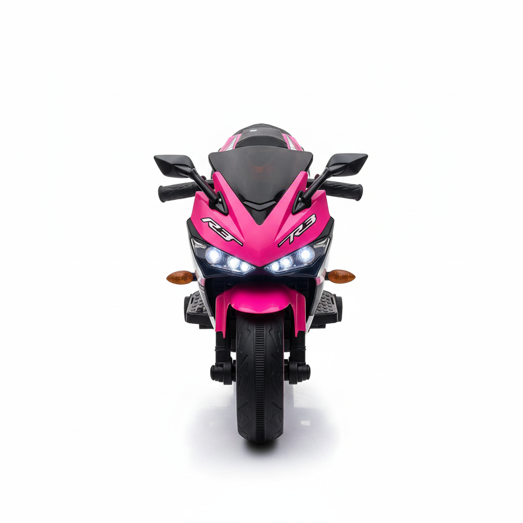Single exact glossy pink kids electric ride-on motorbike on a white studio background