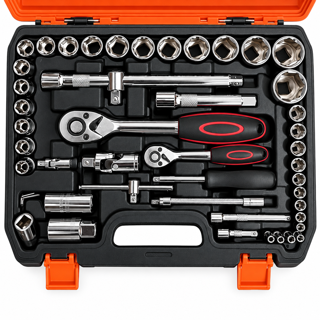 94-piece socket set black lower tray detail with ratchets and sockets