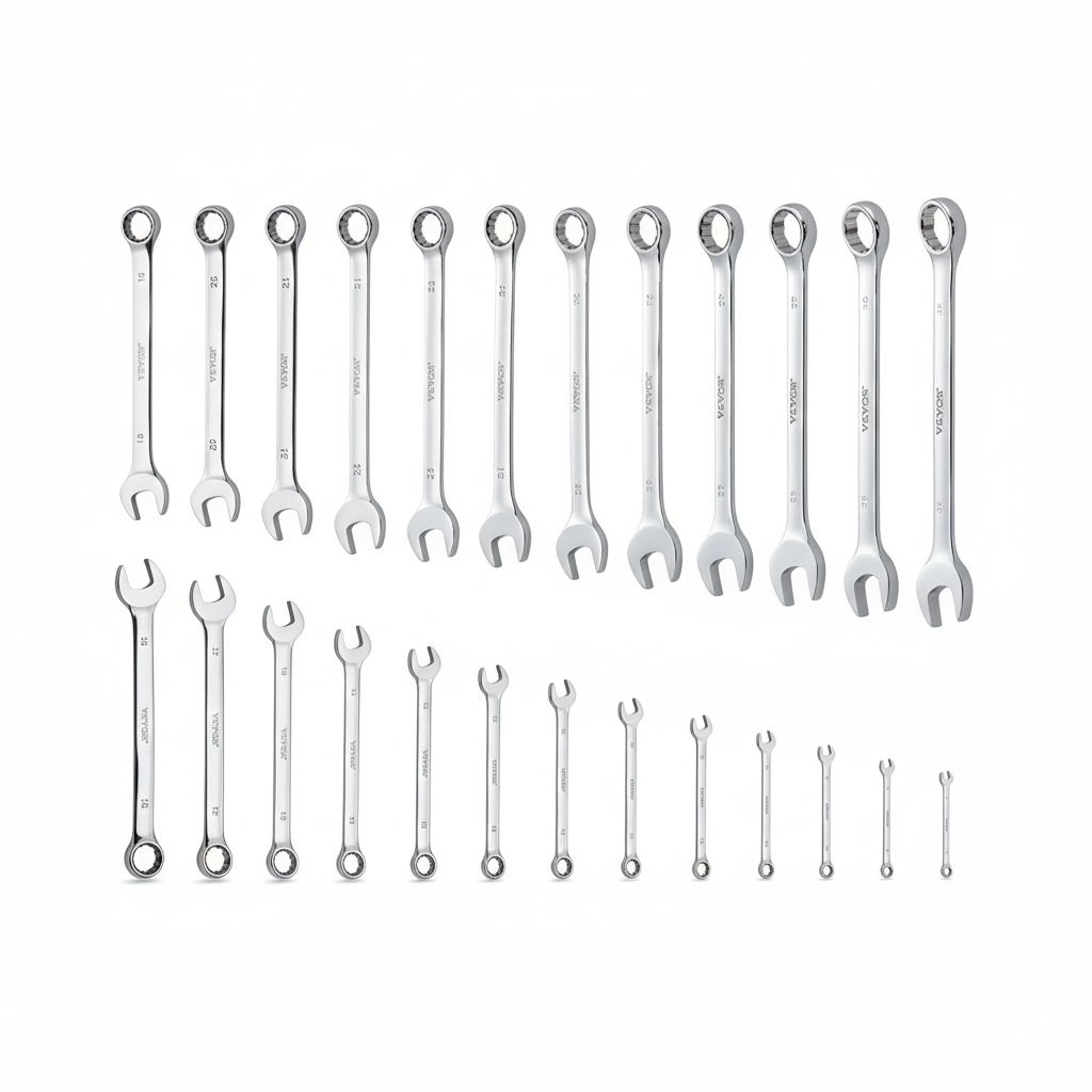 Neatly arranged 25-piece metric silver wrench set on a clean white studio background
