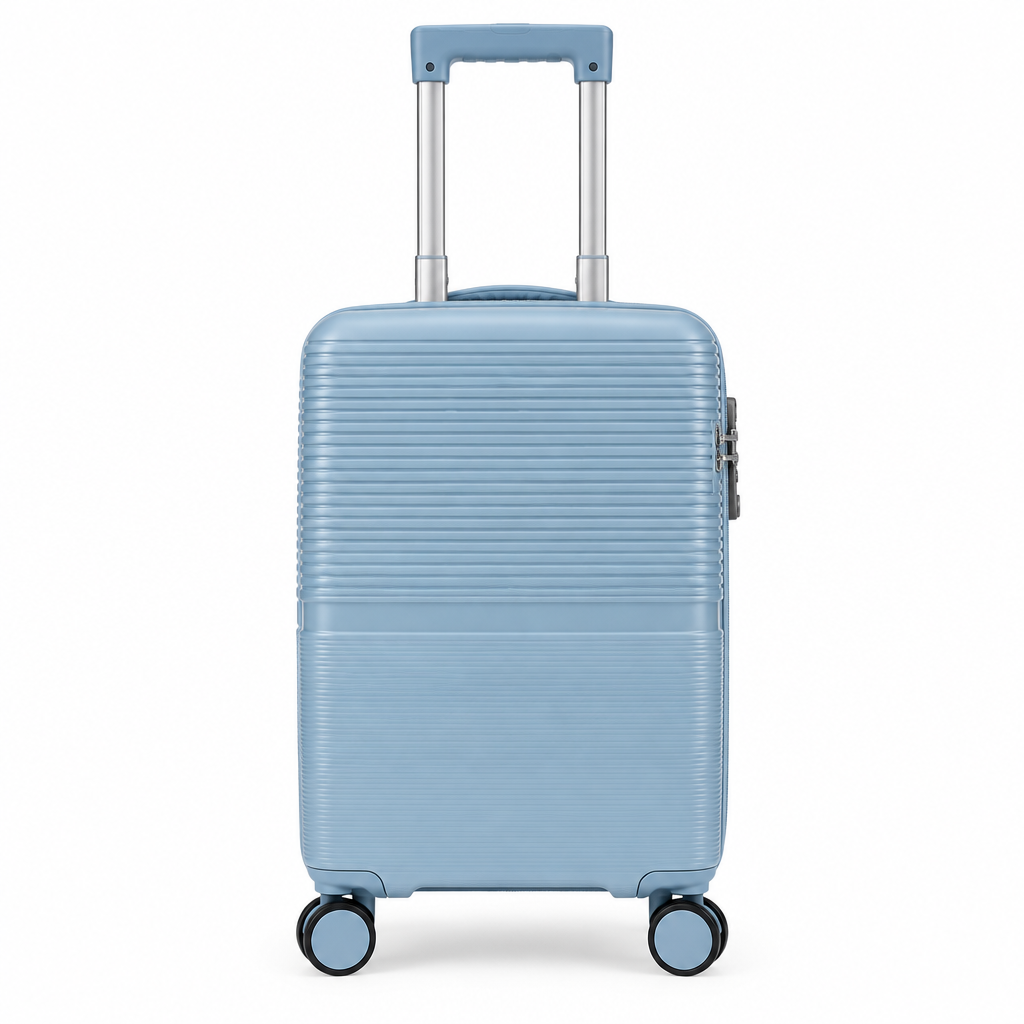 20-inch light blue hardshell cabin luggage bag on white background
