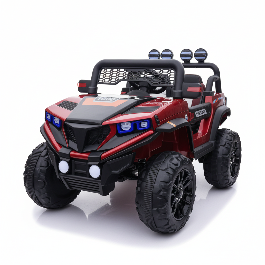 Close front three-quarter view of the exact red kids ride-on Jeep on a white studio background