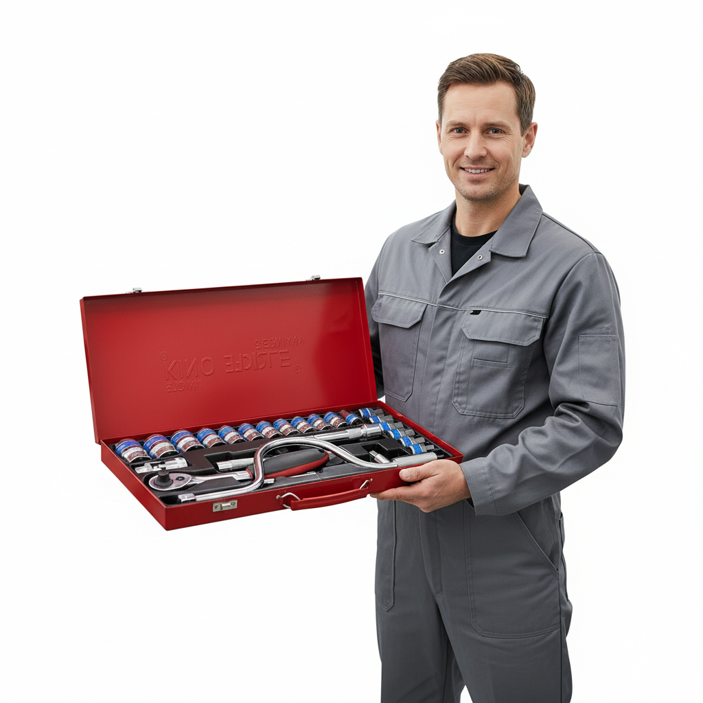 Mechanic presenting the exact open red socket and ratchet tool kit on a white studio background