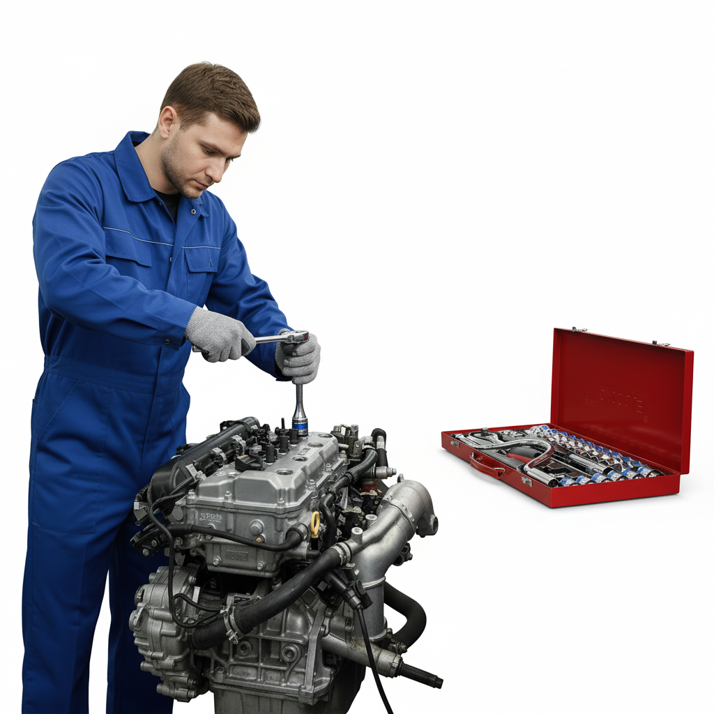 Mechanic using the exact red socket and ratchet tool kit on a white studio background
