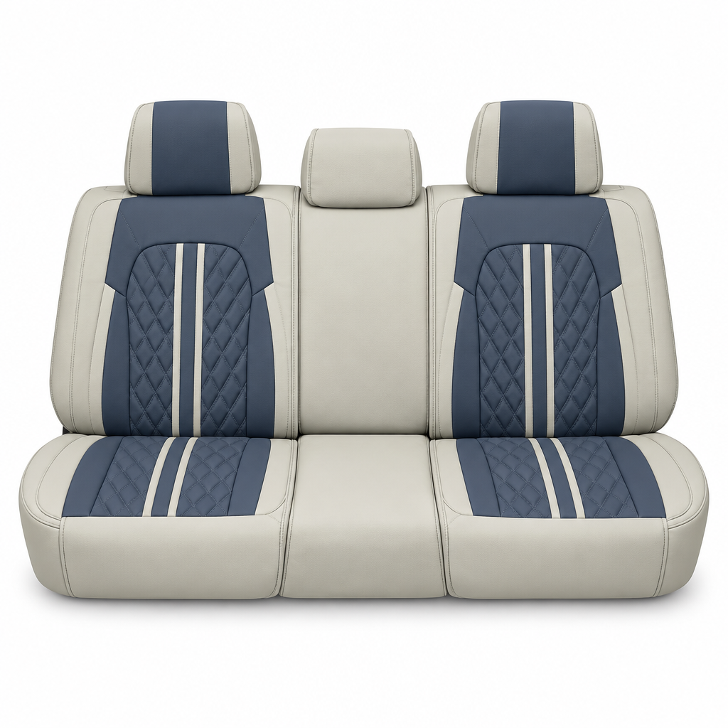 Cream and slate blue car seat covers on rear bench against white background