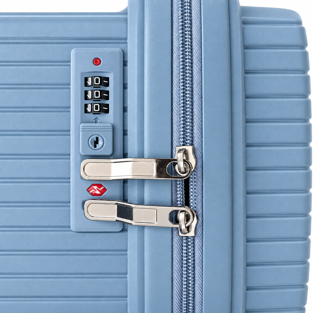 Combination lock and zipper pulls on 20-inch hardshell luggage on white background