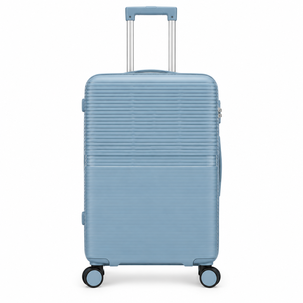 28-inch light blue hardshell luggage bag on white background