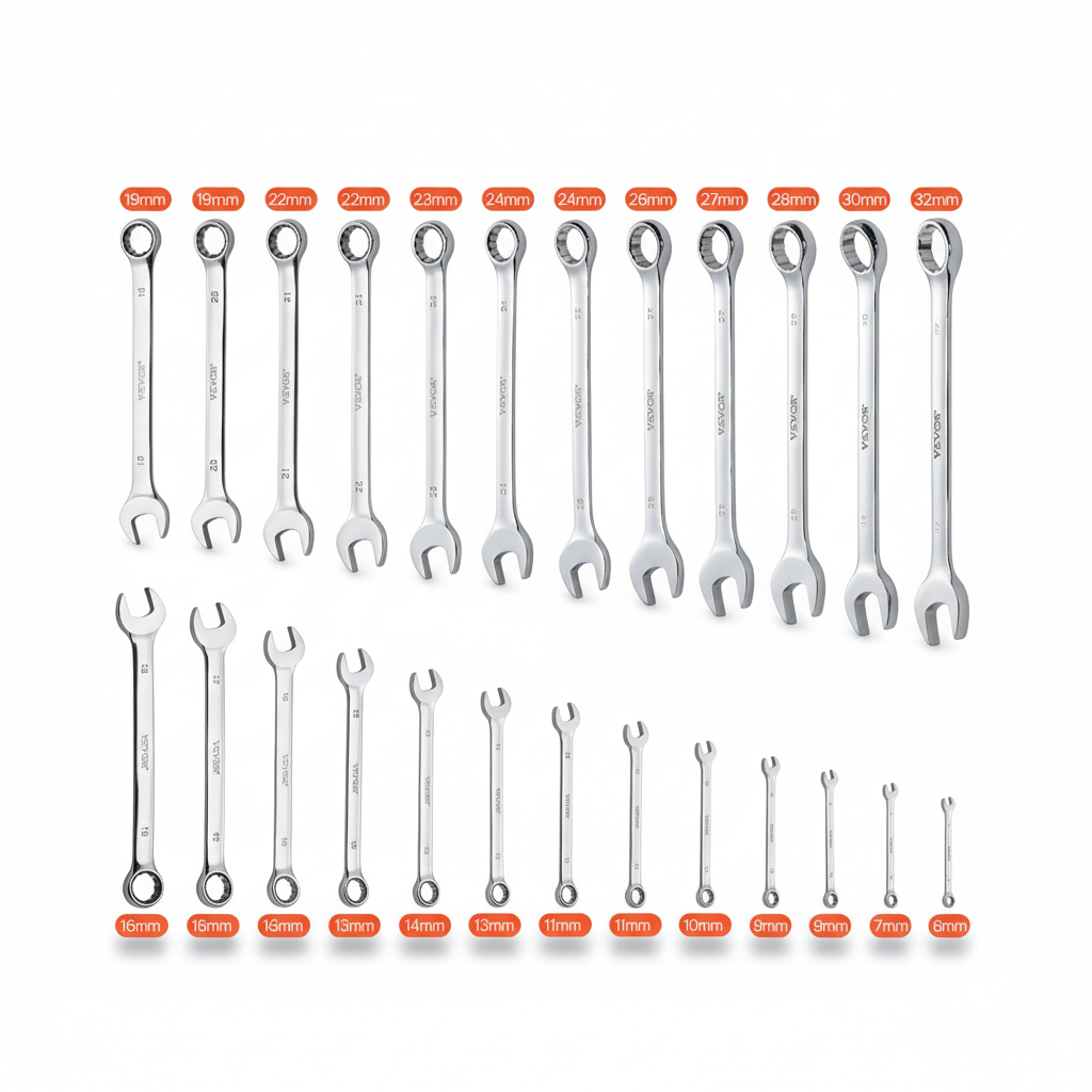 25-piece metric wrench set from 6mm to 32mm on a white studio background