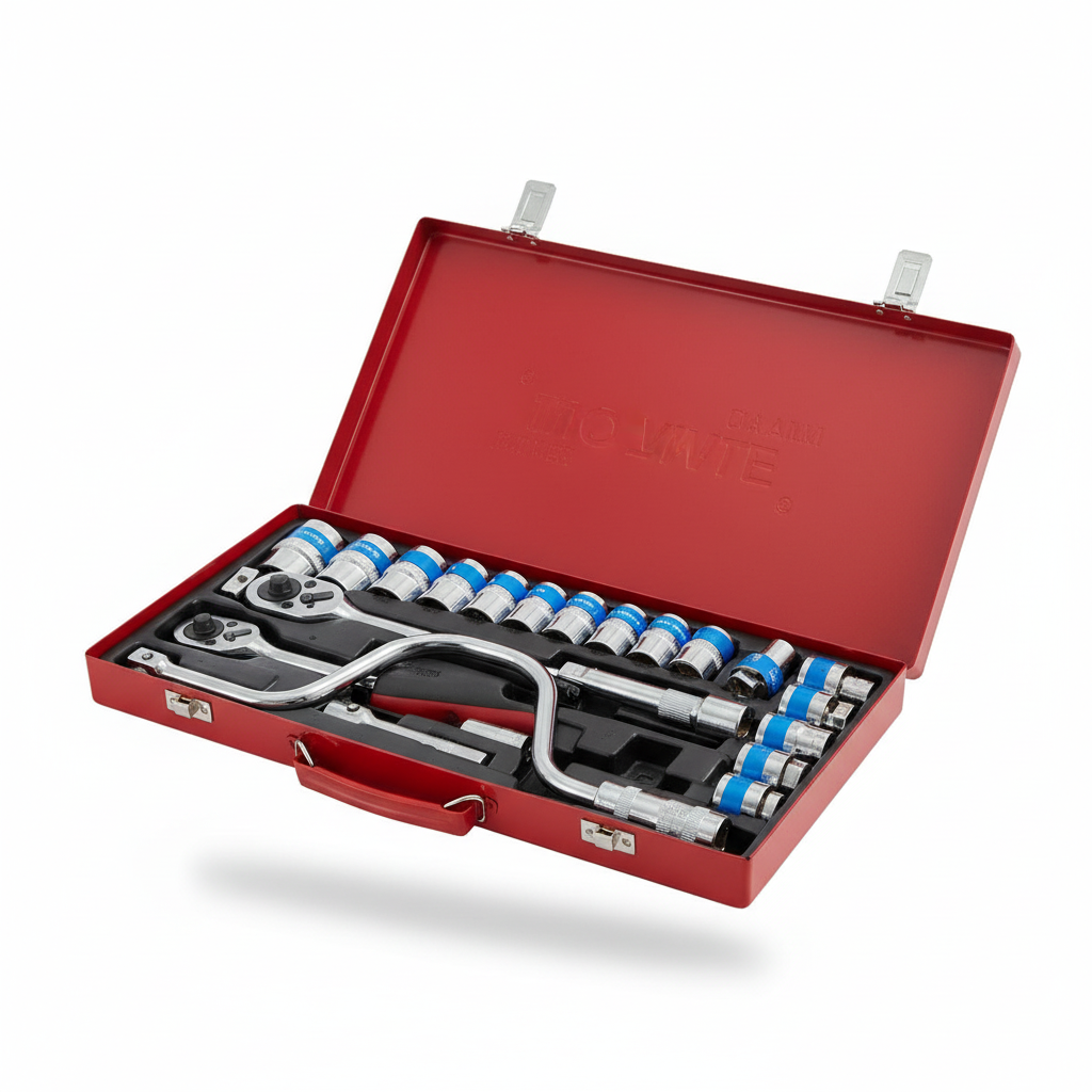 Open red metal socket and ratchet tool case on a white studio background