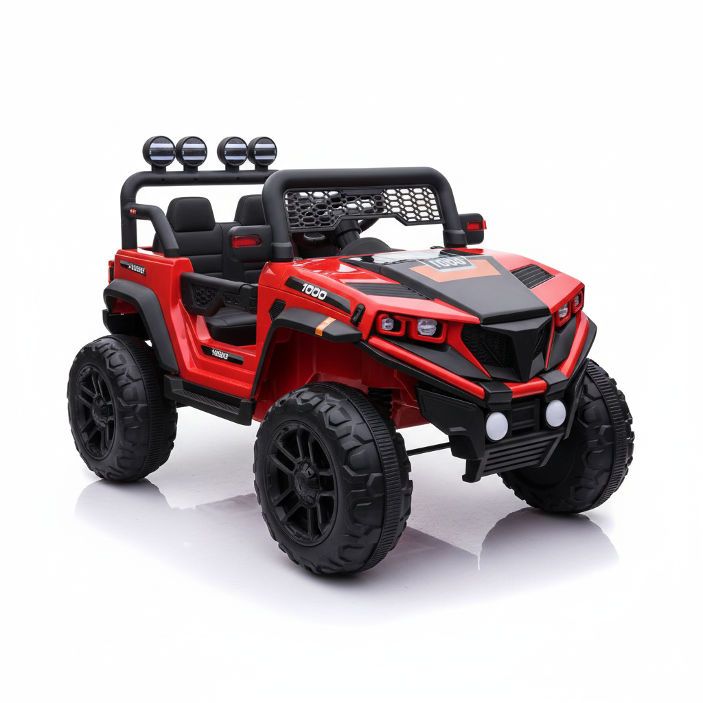 Rear three-quarter view of the exact red kids ride-on Jeep on a white studio background