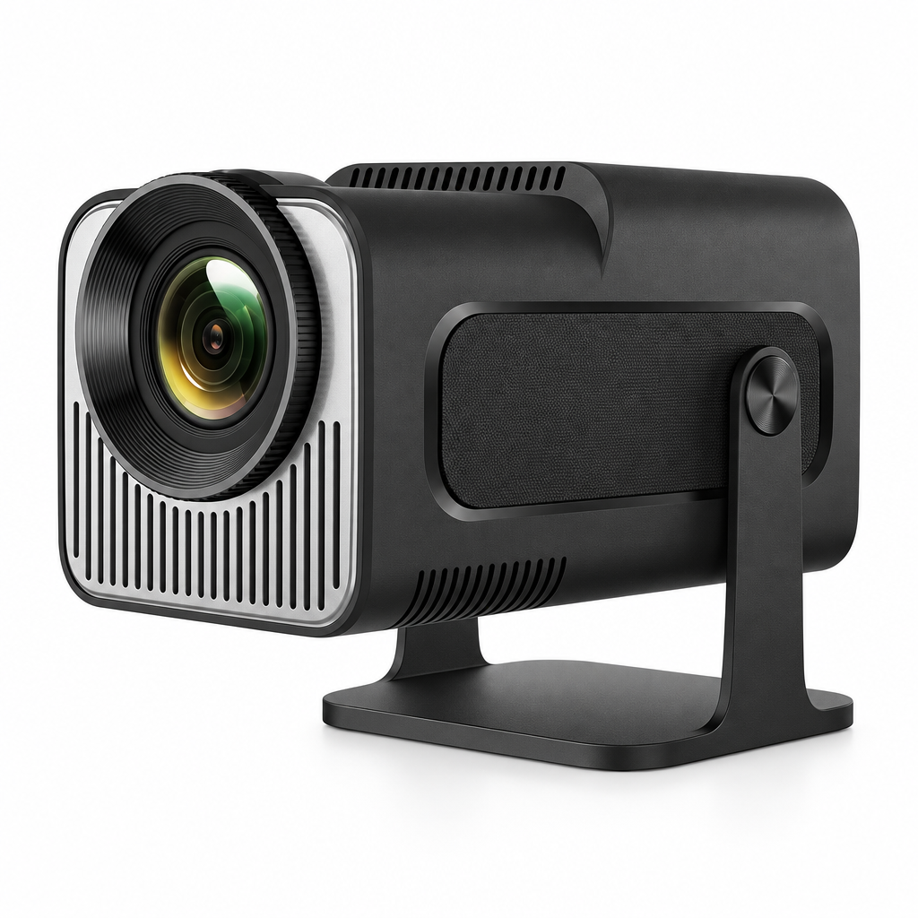 Black mini smart projector on white background, front lens and tilting stand