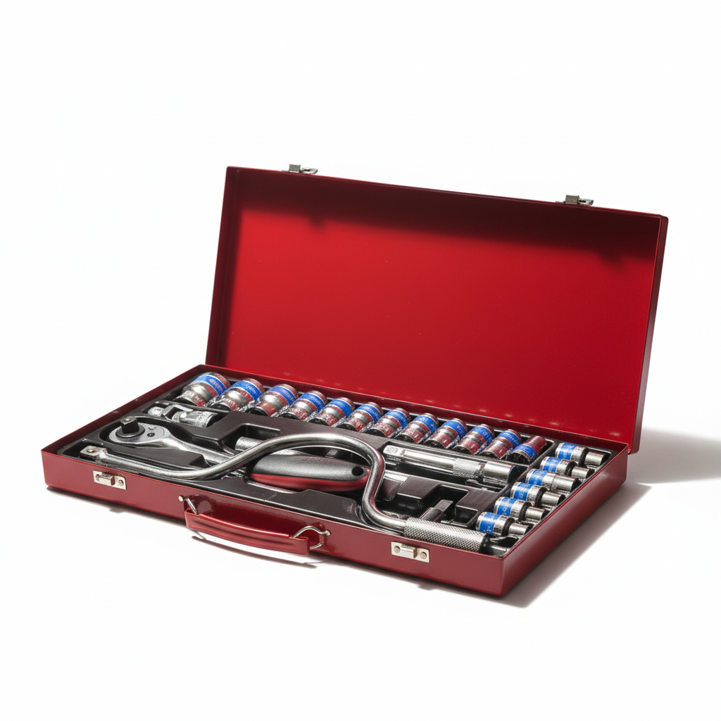 Open red metal socket and ratchet tool case with tools on a white studio background
