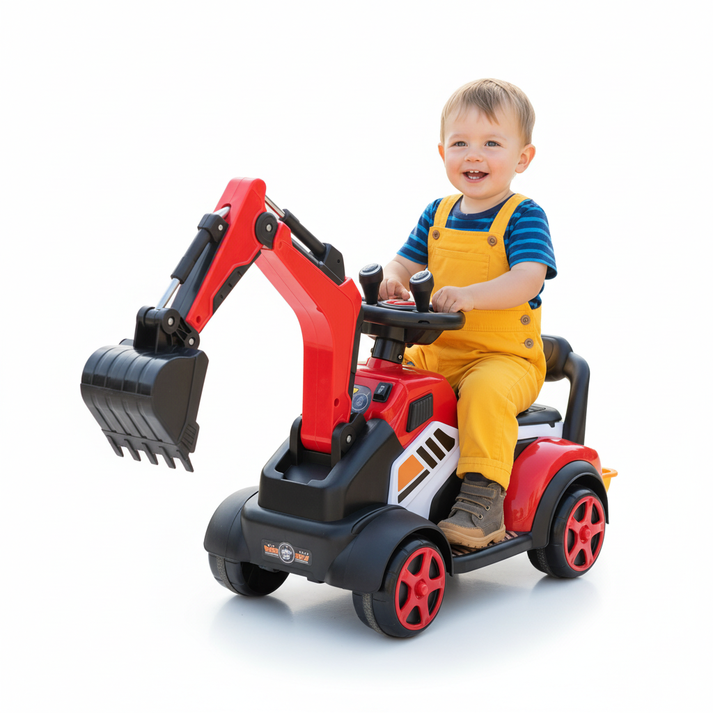 Red and black kids ride-on excavator with child on a white studio background
