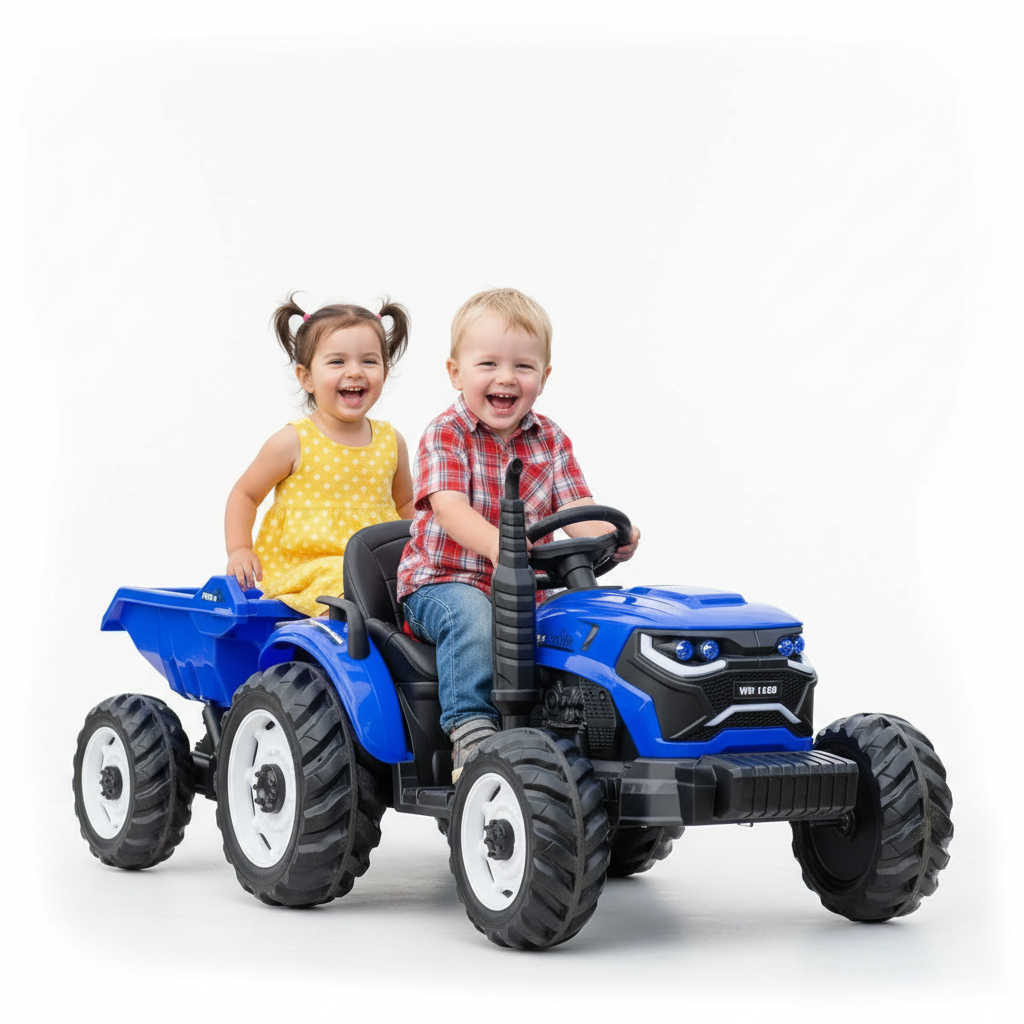 Blue kids ride-on dump tractor with raised trailer and child on a white studio background