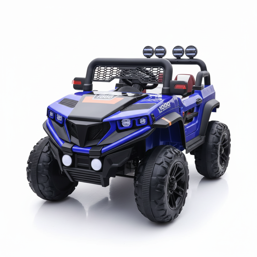 Close front three-quarter view of the exact blue kids ride-on Jeep on a white studio background