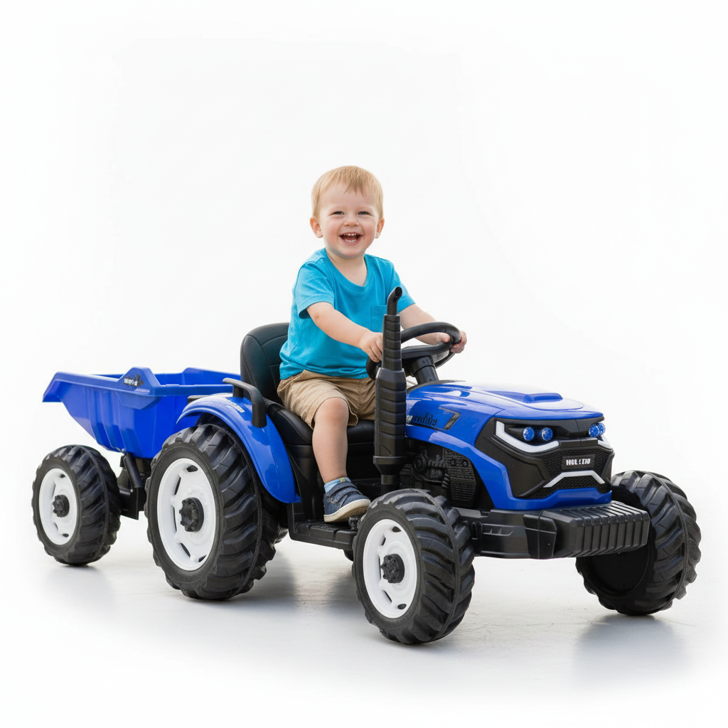 Blue kids ride-on dump tractor with child on a white studio background