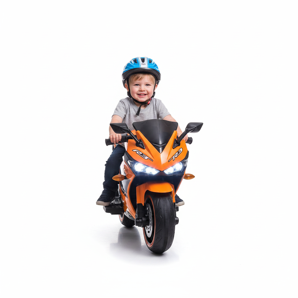 Young child safely seated with a helmet on the exact orange kids electric ride-on motorbike in a white studio