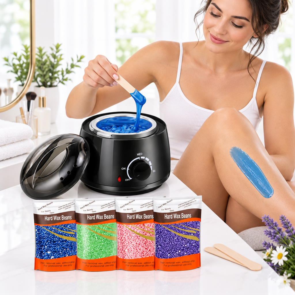 Adult using black wax heater kit at home with four wax-bean pouches