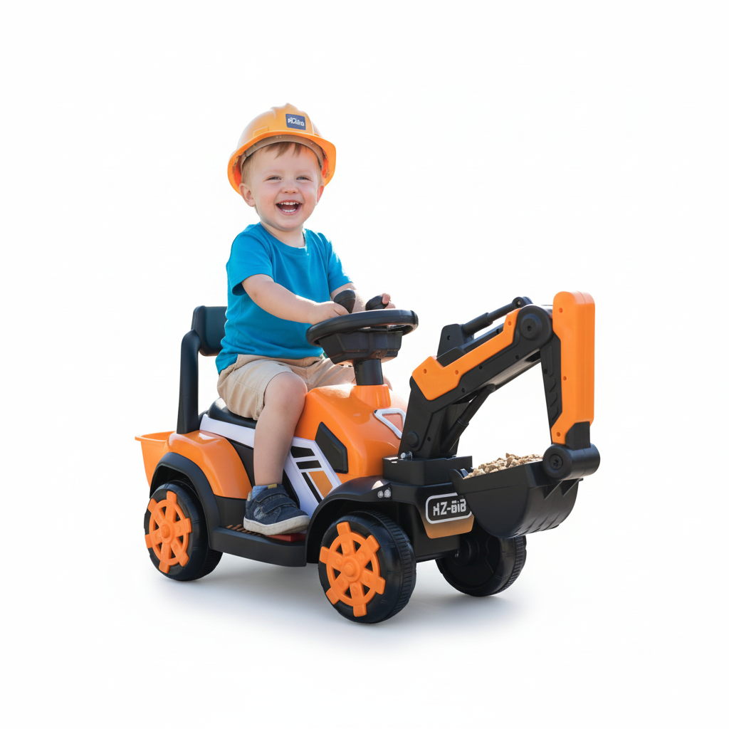 Orange and black kids ride-on excavator with child on a white studio background