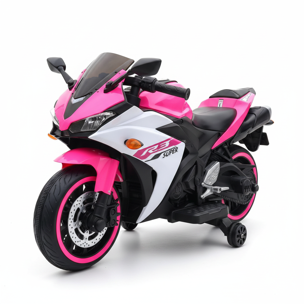 Pink kids electric ride-on motorbike on white background