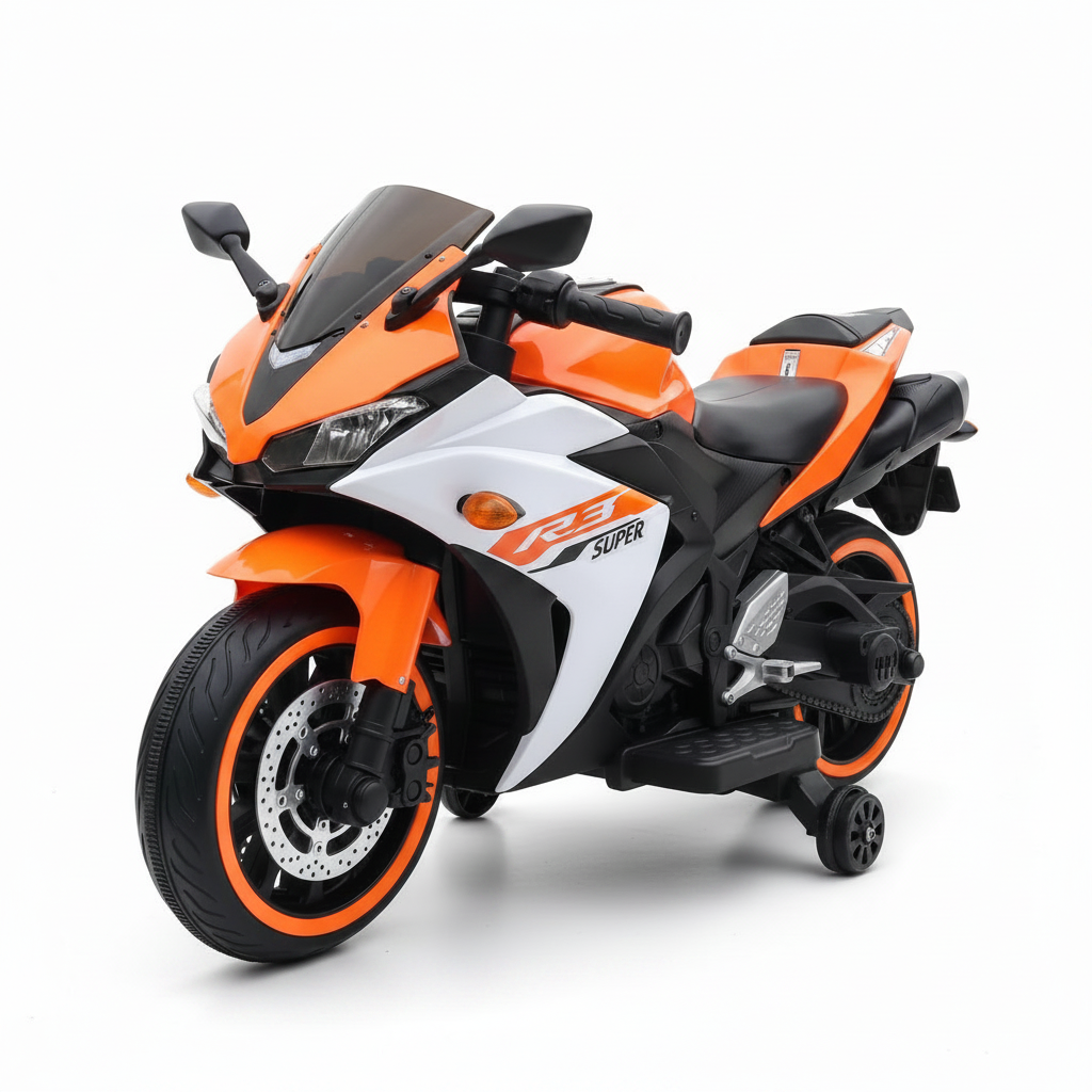 Orange kids electric ride-on motorbike on white background