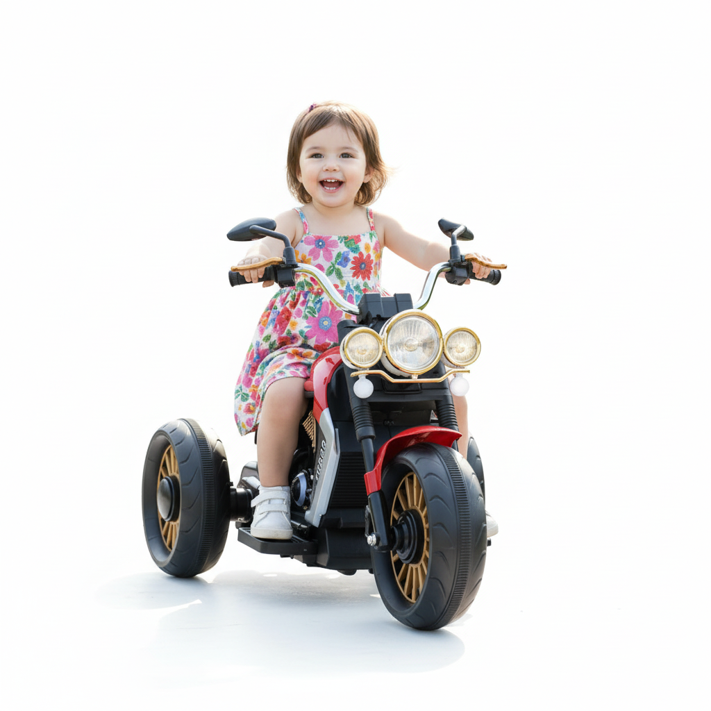 Child safely seated on a red and black kids ride-on tricycle on a white studio background