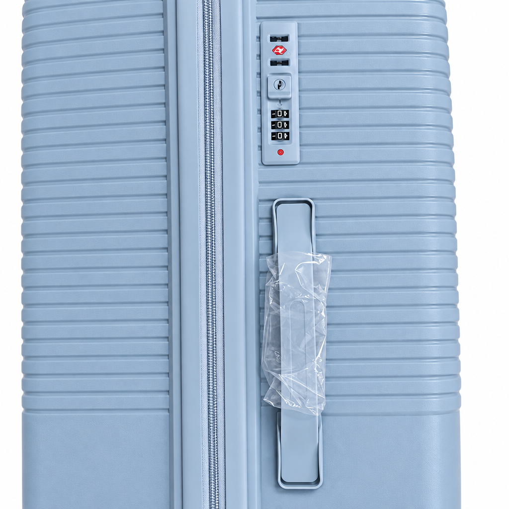 Built-in combination lock on hardshell luggage on white background