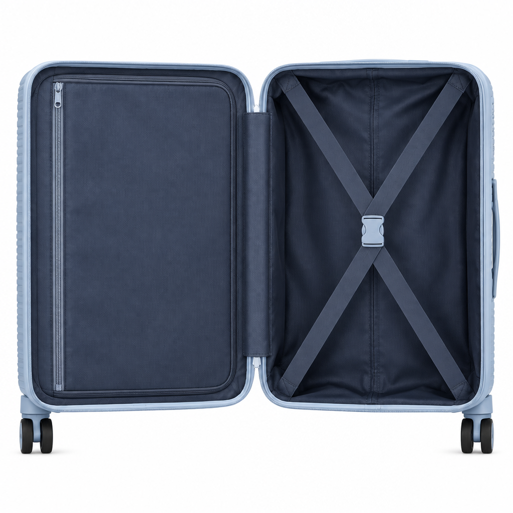 Interior compartments and organiser straps inside hardshell luggage on white background