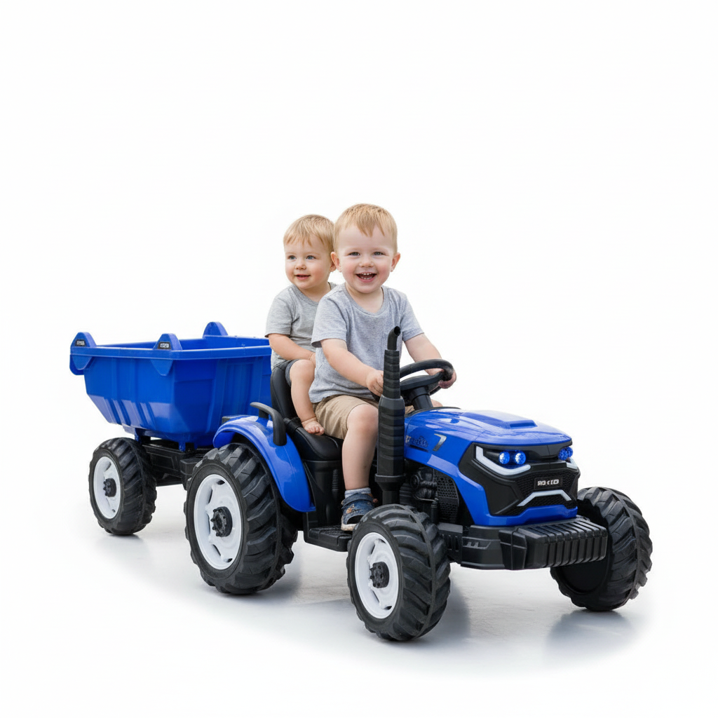 Blue kids ride-on dump tractor with two children on a white studio background