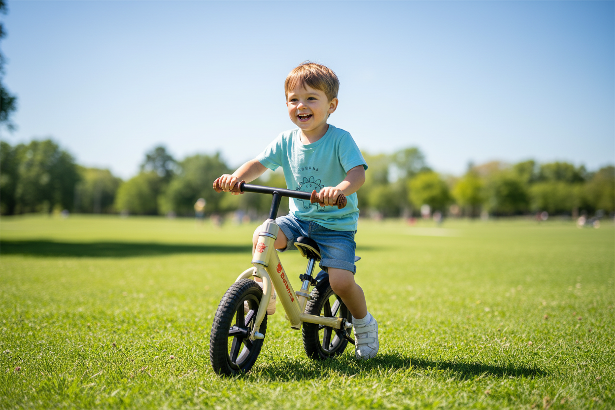 Cream Balance Bike - Boy Riding in Park